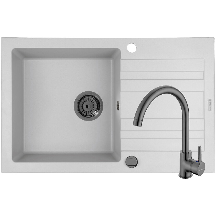Set Chiuveta Granit + Baterie ECO BELLO Gun Metal NAXOS 79x50 1B 1D White