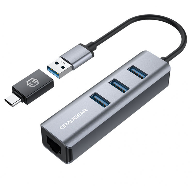 Hub USB 3x USB-A 1x RJ45  1x USB-A  150mm Gri