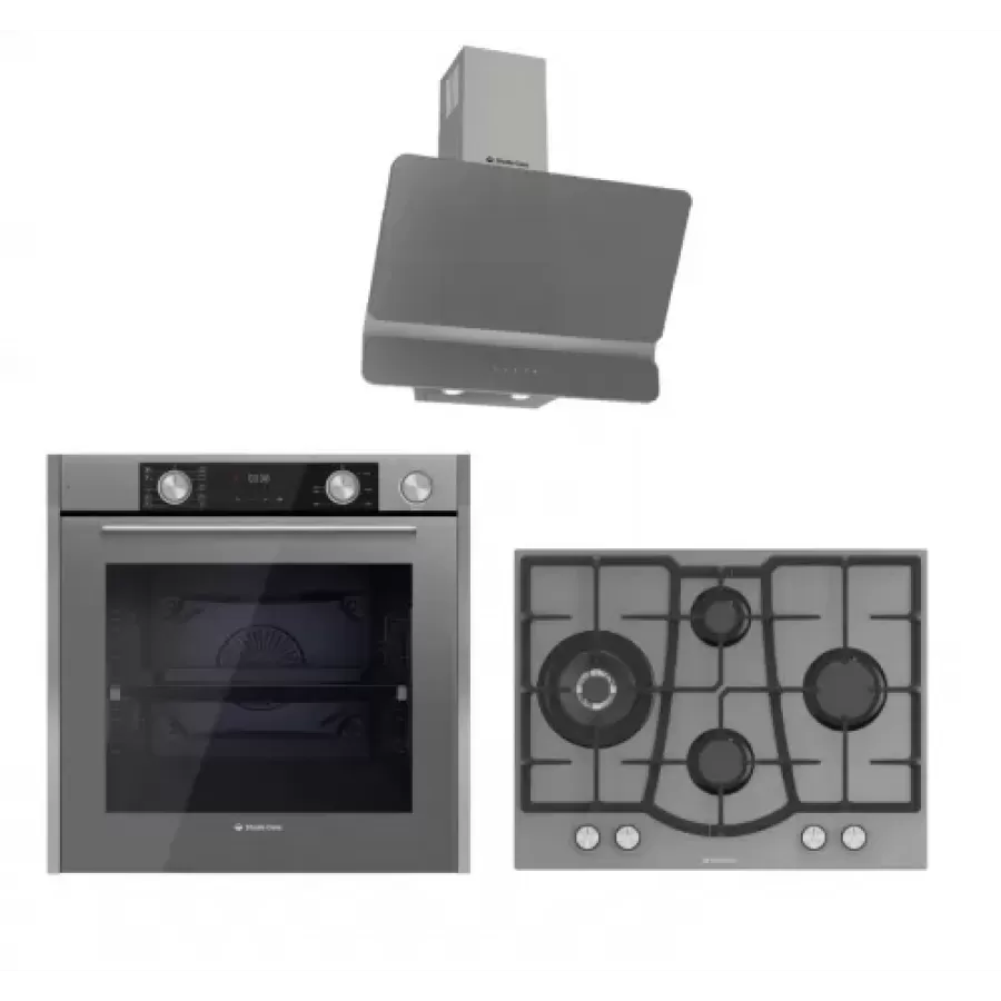 Pachet Incorporabil Studio Casa Plane Elegance Aqua Cooking Cuptor Electric 10 Funcții Grill Rotisor Coacere Asistată cu Abur Plita Gaz 70CM Hota Decorativă Gri / Inox