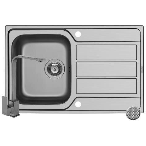 Set Chiuveta de Bucatarie ATHENA 1B1D LN Inox cu Picurator si Baterie ECO CECILIA Pipa Inalta Argintiu