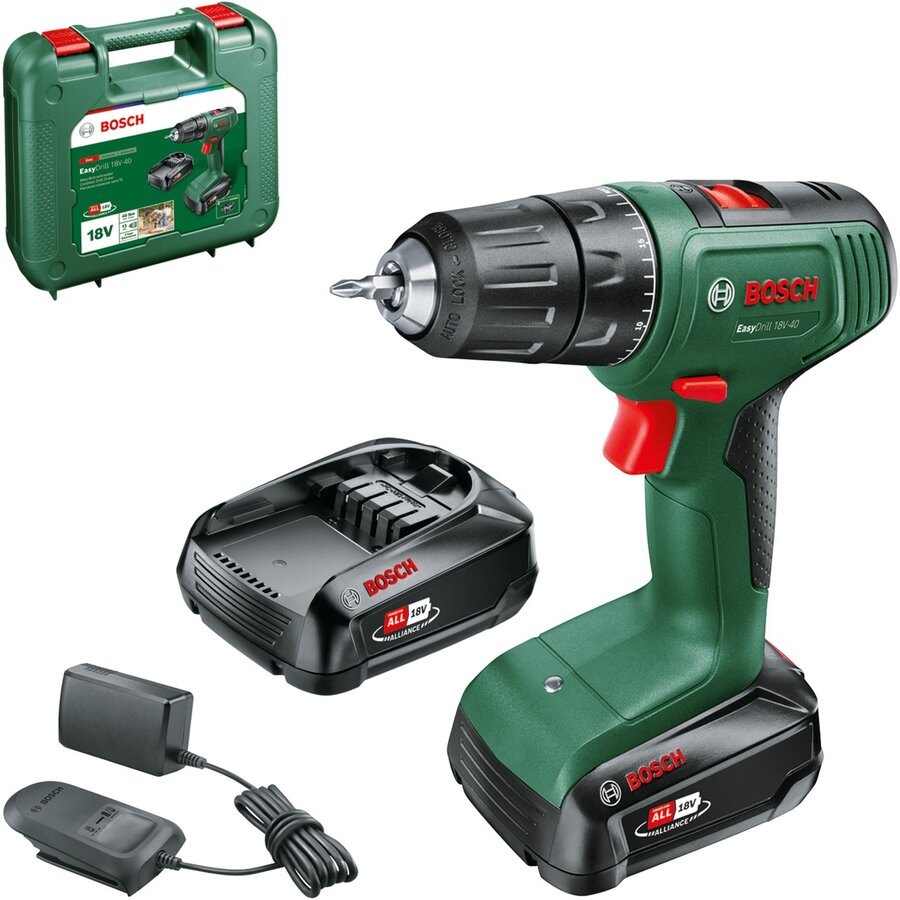 Bosch cordless drill/driver EasyDrill 18V-40 (green/black 2x Li-ion battery 1.5Ah case POWER FOR ALL ALLIANCE)
