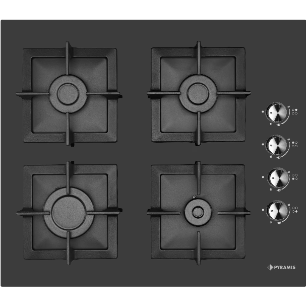 Plita Gaz 2225 Black Glass Cast Iron Protection 4 Arzatoare  Gratare Individuale  Fonta Butoane Laterale Finisaj Sticla  Negru