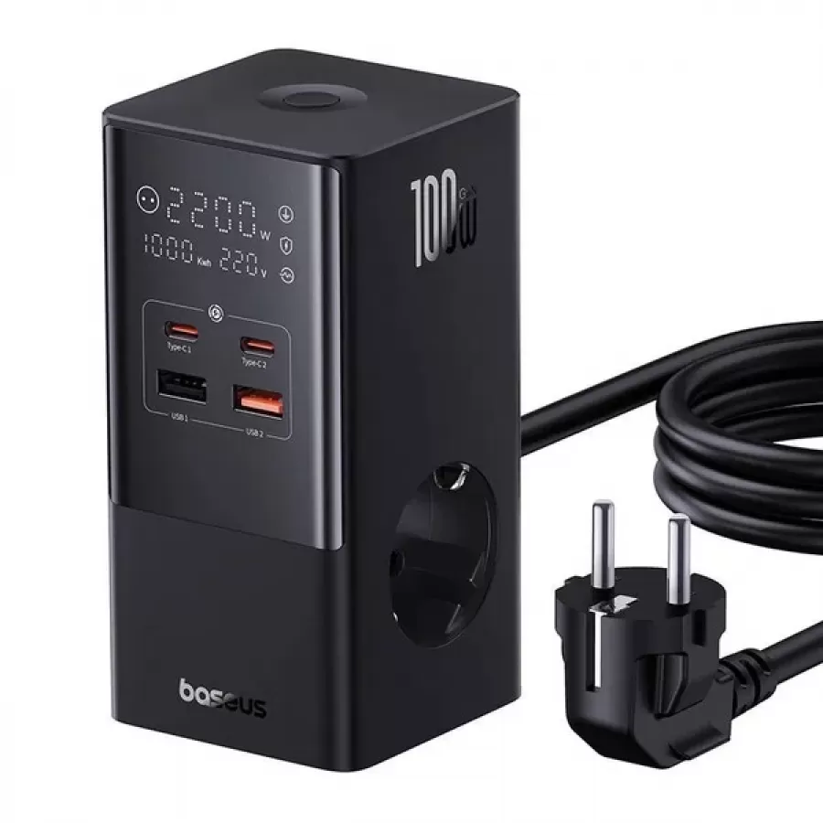 Incarcator Rețea Baseus PowerCombo Cu Prelungitor 100W 2x AC 2x USB-C 2x USB-A 1.5m Negru