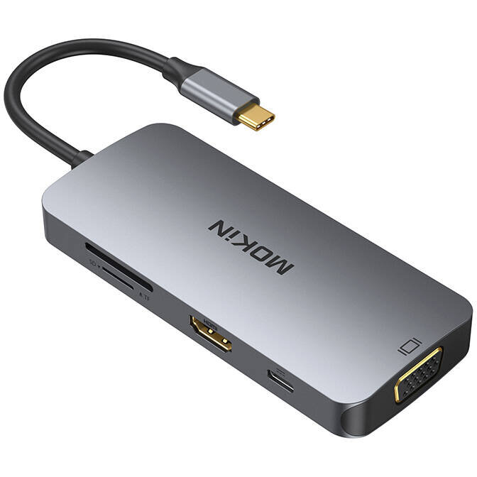 Hub Extern 8in1 USB-C la 3x USB 3.0 + HDMI + USB-C + VGA + SD Card Reader + Micro SD Card Reader Argintiu