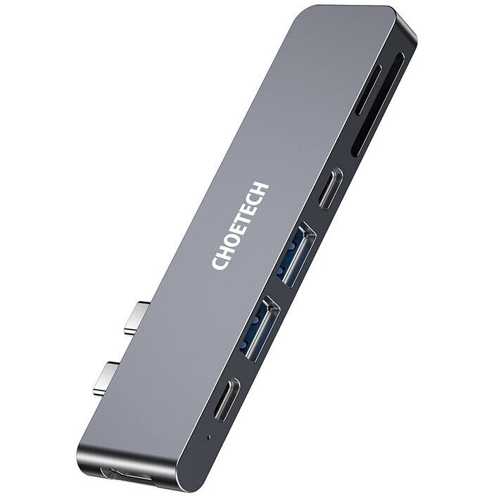 Hub Multifunctional HUB-M14 pentru Macbook Pro 2x USB-C la 1x HDMI/ 1x Thunderbolt 3/ 2x USB 3.0/ 1x USB Type-C Micro SD/SD Card Reader Argintiu