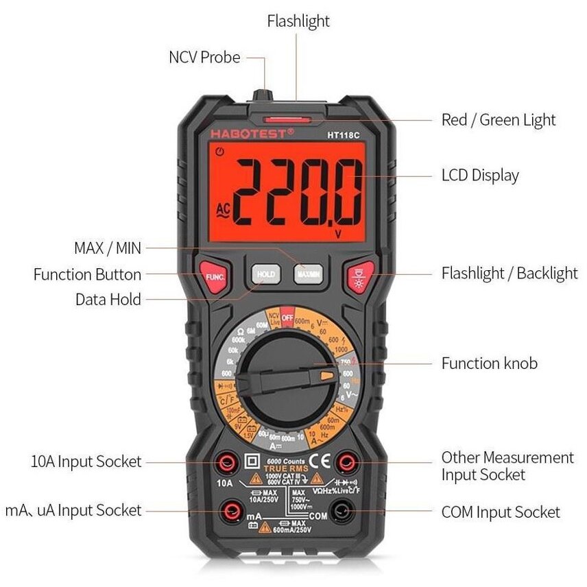 Aparat De Măsură Habotest HT118C Multimetru True RMS Afișaj LCD Negru — imaginea 3