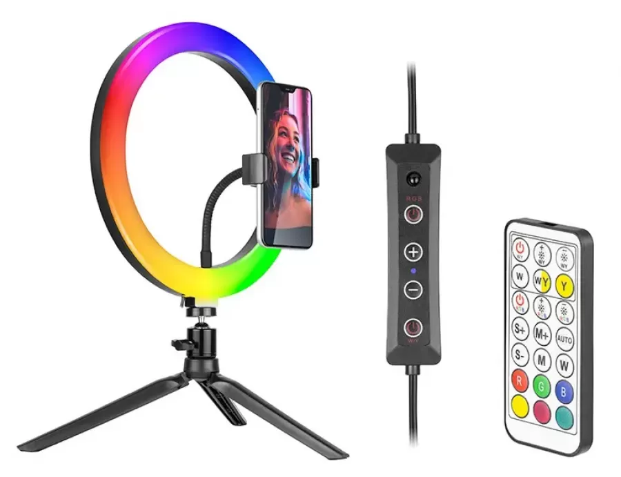 Lampă Circulara Tracer Ring Light TRAOSW46807 cu Trepied și Suport Telefon RGB LED 26CM Negru