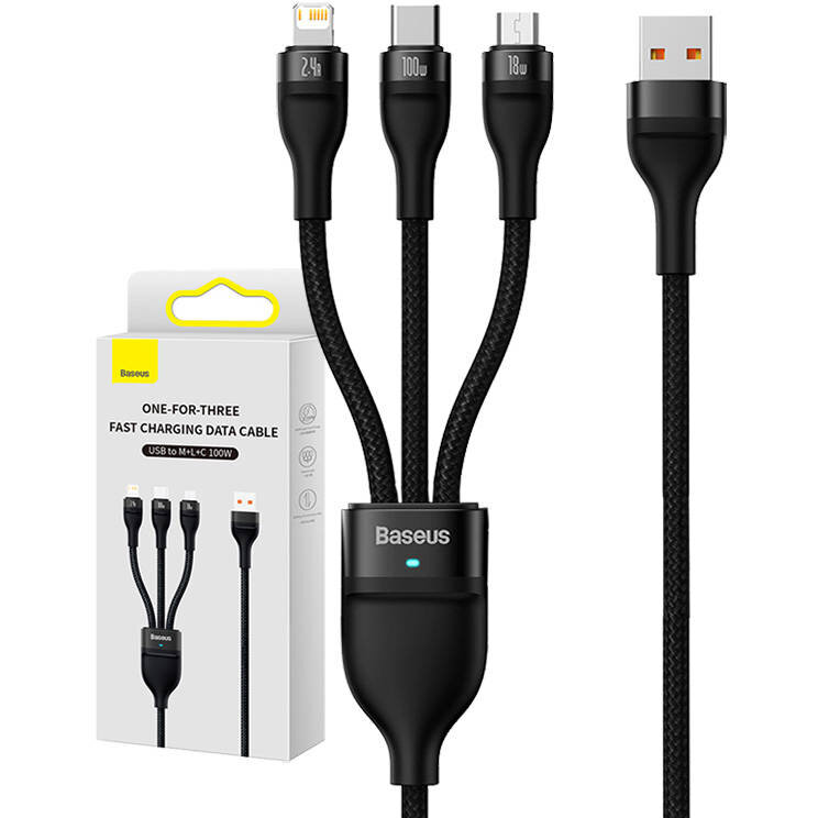 Cablu Date 3in1 USB     Flash Series USB-C   micro USB   Lightning 100W  1.2m Negru