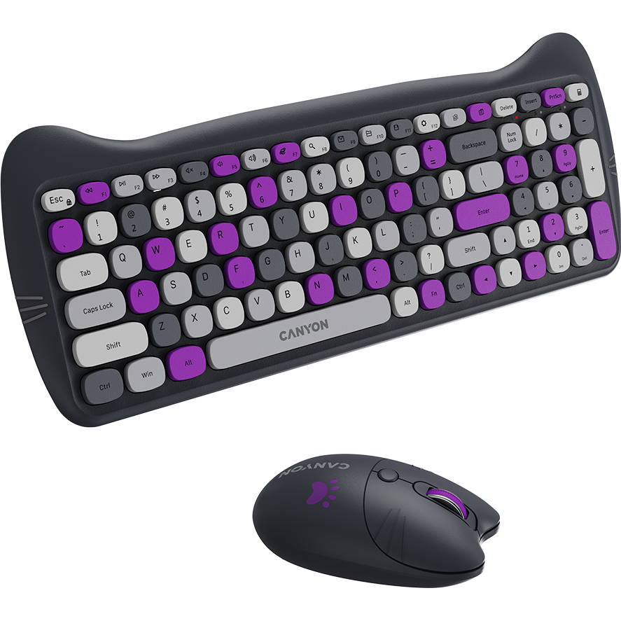 Kit Tastatura si Mouse Kitty Edition CNS-HSETW6VT Wireless Combo Gri/Violet