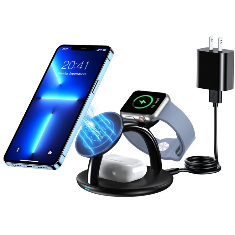 Incarcator Cu Suport Magnetic Wireless 3In1 T587-F Pentru Apple iPhone/Airpods/Apple Watch 15W/5W/2.5W Negru