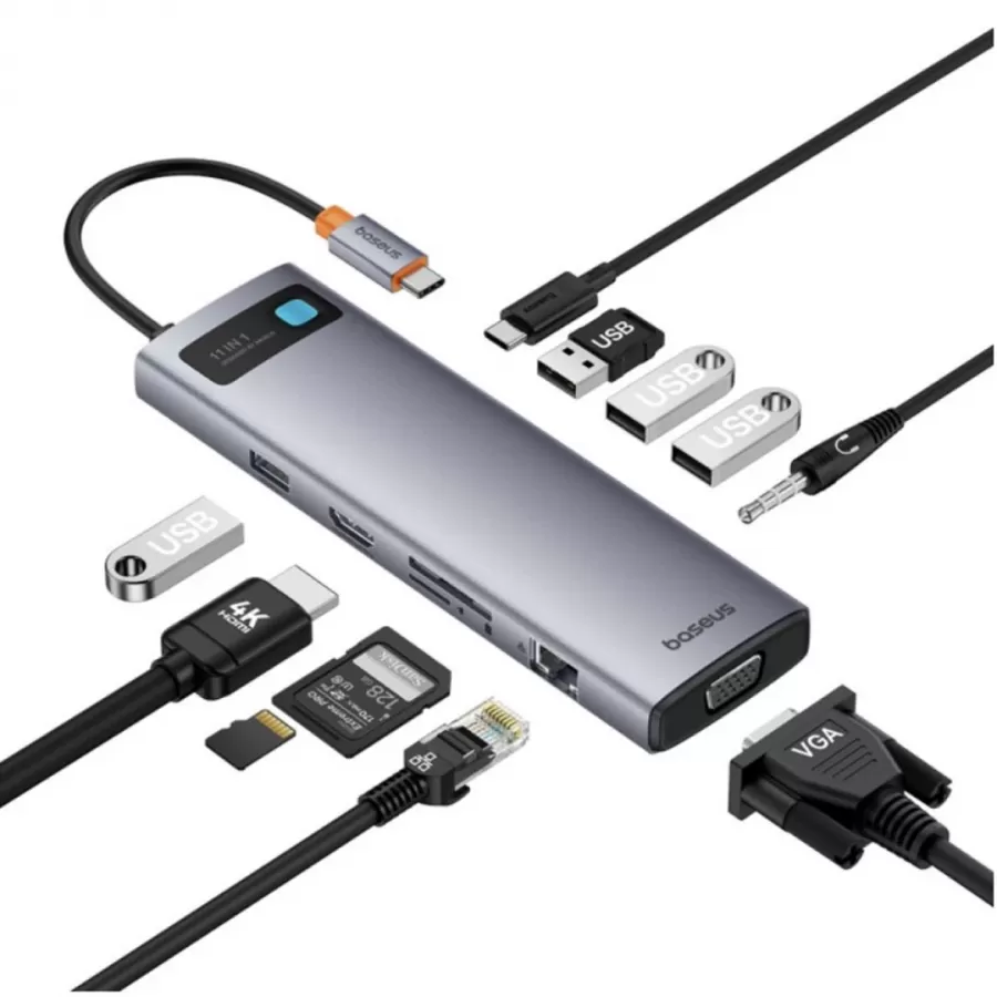 Hub Extern Baseus StarJoy Metal Glam Series 11in1 USB-C la HDMI+VGA+3x USB 3.0+USB 2.0+USB-C PD+RJ45+SD/TF+Audio 3.5MM Gri