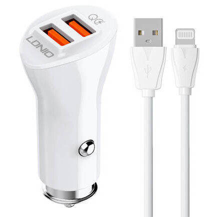 Incarcator Auto C511Q 2USB  + Lightning cable Alb