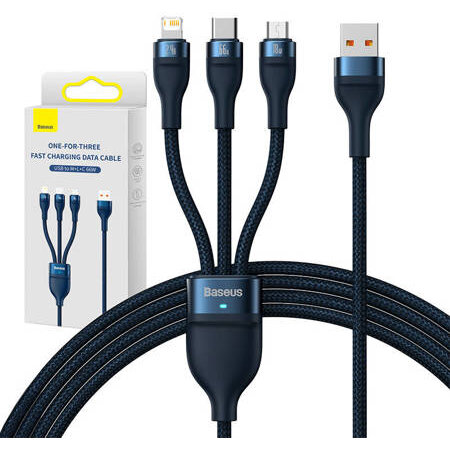 Cablu Date 3in1 USB USB 3in1 Baseus Flash Series  USB-C + Micro + Lightning 66W 1.2m Blue