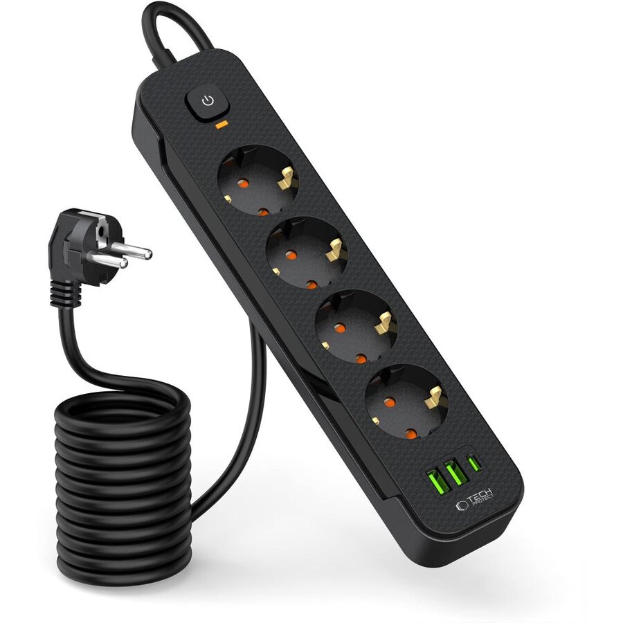 Prelungitor PCL4X3 4 Prize AC Porturi 2x USB 1x USB-C Lungime Cablu 2M Negru