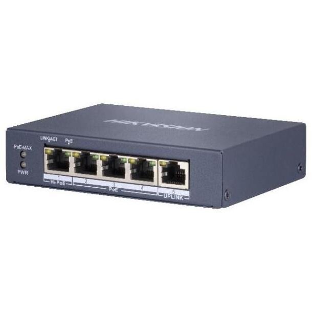 Switch cu 4 porturi PoE, Hikvision DS-3E0505HP-E, 60 W, 1 port RJ45 gigabit, carcasa metalica - imagine 3