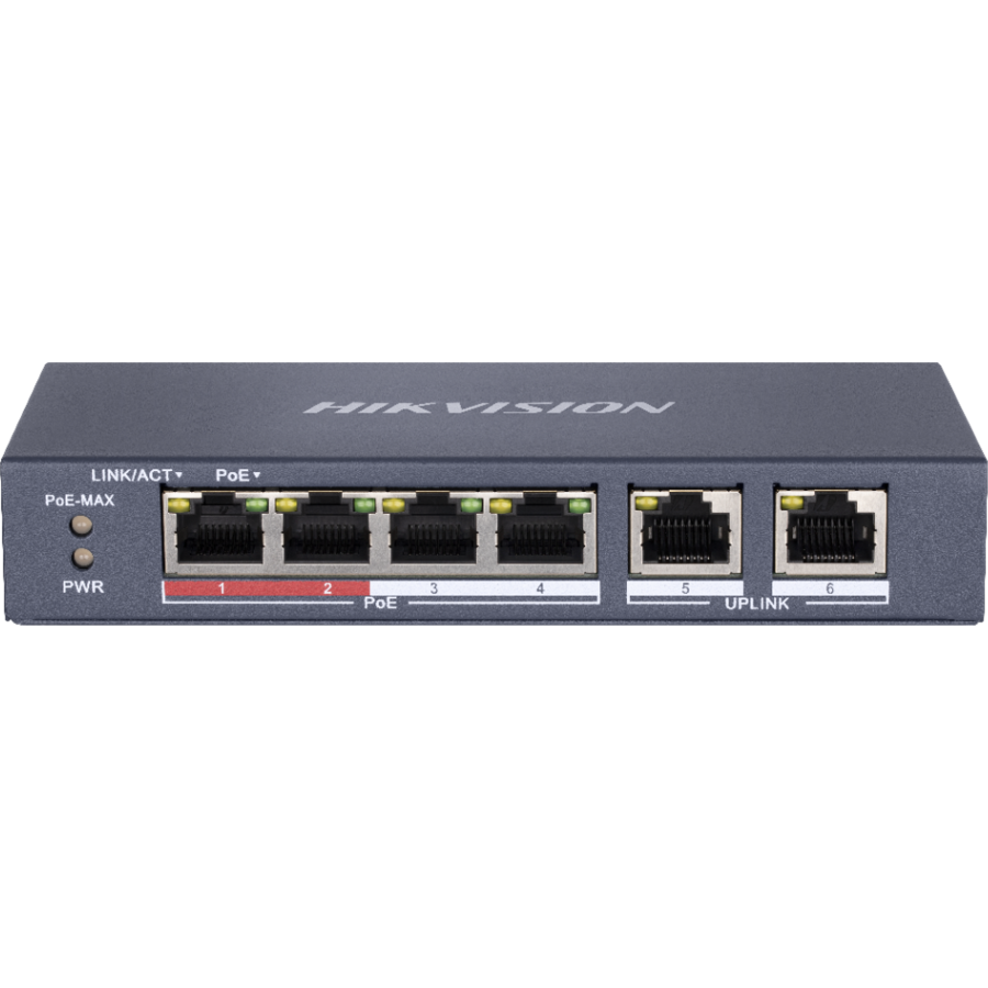 Switch 4 porturi PoE Hikvision DS-3E0106P-E-M, long-range 300m, 2x uplink, fara management - imagine 2