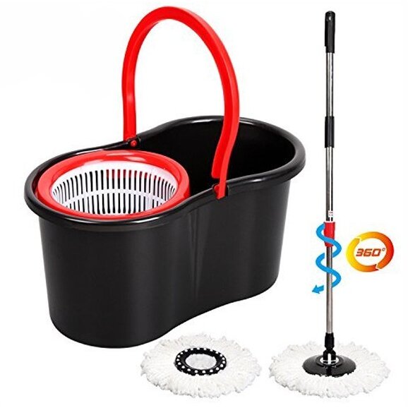 Mop Rotativ Cu Galeata Rotire 360 Grade 2 Capete Interschimbabile Microfibra Maner Telescopic Negru