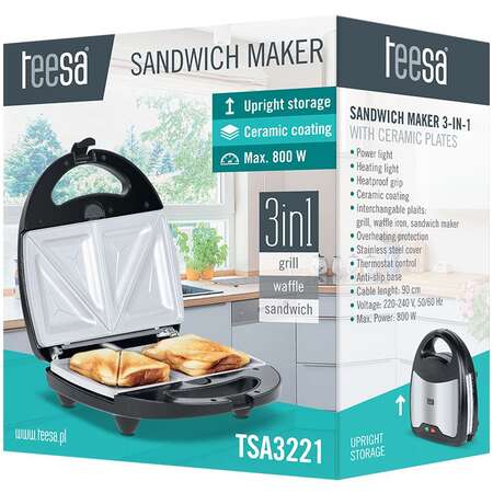 Sandwich Maker 3in1 Teesa TSA3221 3 Seturi Placi Ceramice Interschimbabile 800W Negru/Argintiu