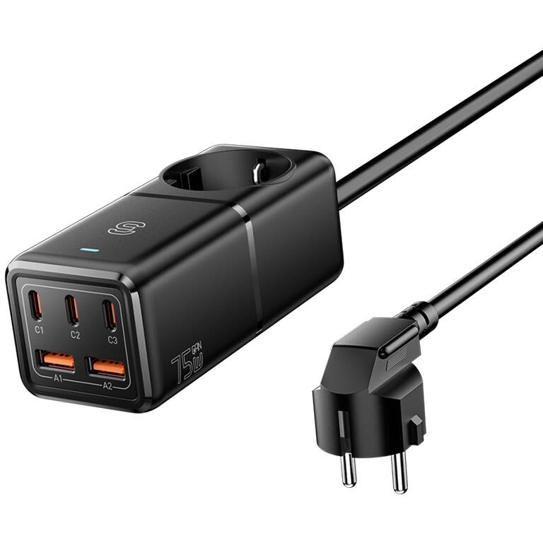 Incarcator ECTAC-BRB01-Z GaN  3xUSB-C 2xUSB-A   AC  75W Negru