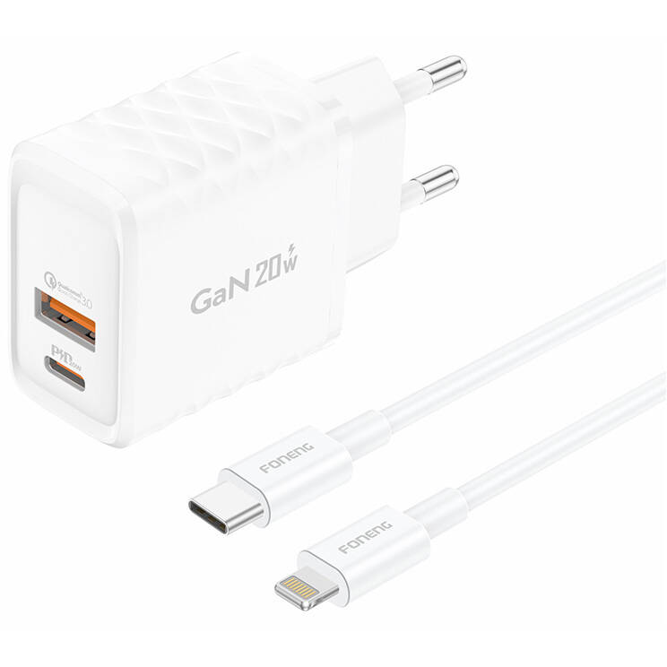 Incarcator EU56 1xUSB-A  1xUSB-C  20W   + Cablu USB-A  Lightning Alb