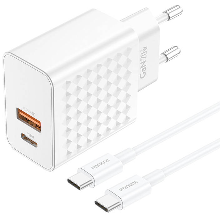 Incarcator EU42 USB-C USB-A 20W +  Cablu USB-C - USB-C Alb