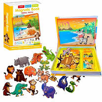 Joc Educativ STEM Carte Magnetica Puzzle Animale Salbatice Jungla  62 Piese Magnetice 19 Carduri