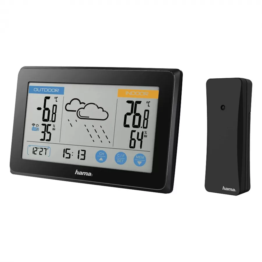 Statie Meteo Hama Touch 186314 LCD Ceas Calendar Termometru Higrometru Senzor Exterior Negru