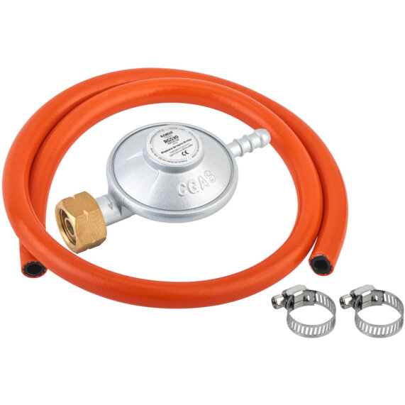 Set Regulator Fix de Joasa Presiune pentru Aragaz RGS30 SET Gaz Butan cu Furtun 1.5M si 2 Coliere de Prindere