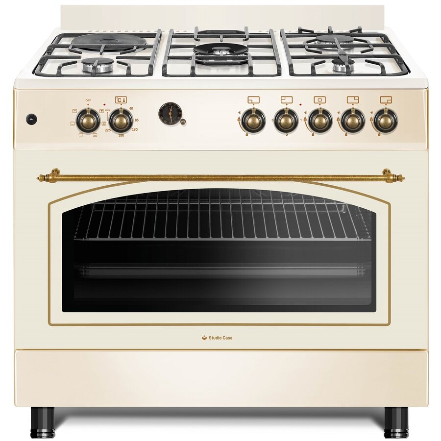 Aragaz FE90/60 El Avena Rustic 90cm Cuptor Electric 4 Arzatoare Gaz Wok + 1 Ochi Electric Rotisor Grill Gratare Fonta Crem