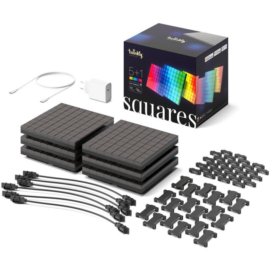 Kit 6 Panouri LED RGB twinkly Squares Combo 16x16CM Control Wi-Fi Negru