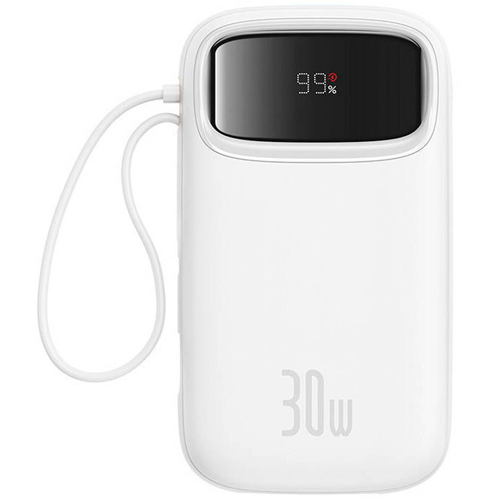 Acumulator extern Qpow 2, 20000 mAh, 30W, Cablu USB-C integrat, Alb