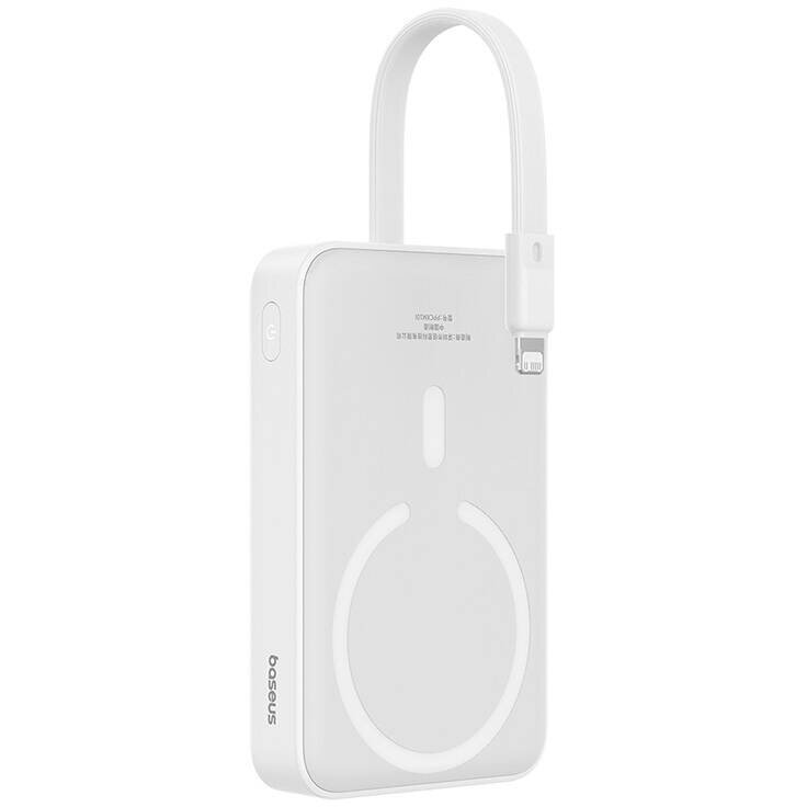 Acumulator extern Magnetic Mini 20W, 10000 mAh, USB-C, Compatibila MagSafe, Incarcare Wireless 15W, Cablu Lightning integrat, Alb