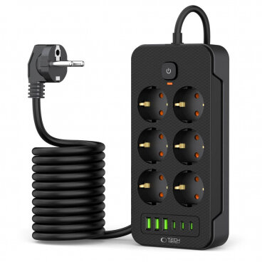 Prelungitor Tech-Protect PC6X6 6 x Schuko - 3 x USB-A - 3 x USB-C Negru