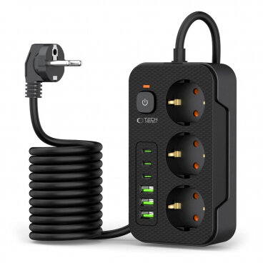 Prelungitor Tech-Protect PC3X6 3 x Schuko - 3 x USB-A - 3 x USB-C Negru