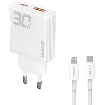 Incarcator Dudao Rețea Cu Cablu Lightning A30EUL 30W 3A 1 x USB-A - 1 x USB-C Alb