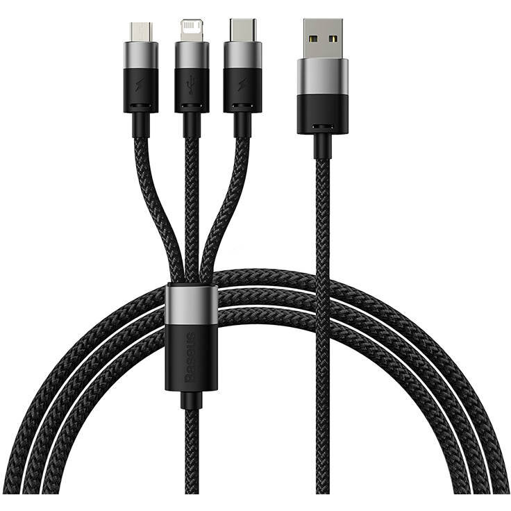 Cablu de date StarSpeed 3 in 1, USB la USB-C/Lightning/Micro-USB, 3.5A, 60 cm, Negru