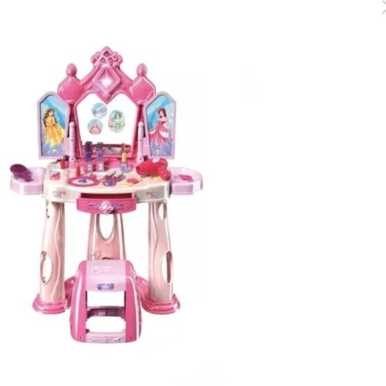Masuta De Machiaj Pentru Fetite Scaunel Si Oglinda Diverse Accesorii Lumini Muzica Autocolante Cu Printese Sertar Roz