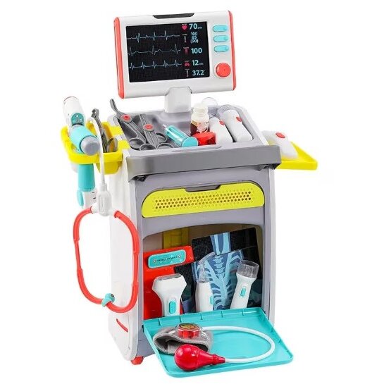 Carucior Medical Monitor Functii Vitale Cu Sunete Si Lumini Sertare Ecran Portabil Radiografii Instrumente Doctor