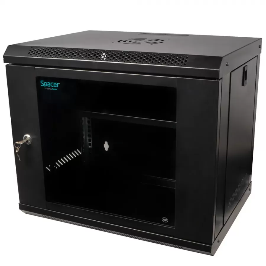 Cabinet Metalic Spacer SPCW-9U-400-BK-02 9U 500x400MM Fixare pe Perete Flatpack (Dezasamblat) Ușă Sticlă cu Blocare Panouri Detasabile Oțel 1MM Negru