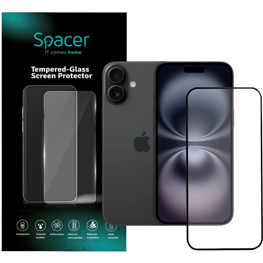 Folie Protecție Sticlă Spacer SPPG-AP-IP16PL-TG pentru Iphone 16 Plus Grosime 0.3MM Acoperire Totală Ecran Strat Special Anti-ulei și Anti-amprenta Sticlă 9D Duritate 9H Transparent
