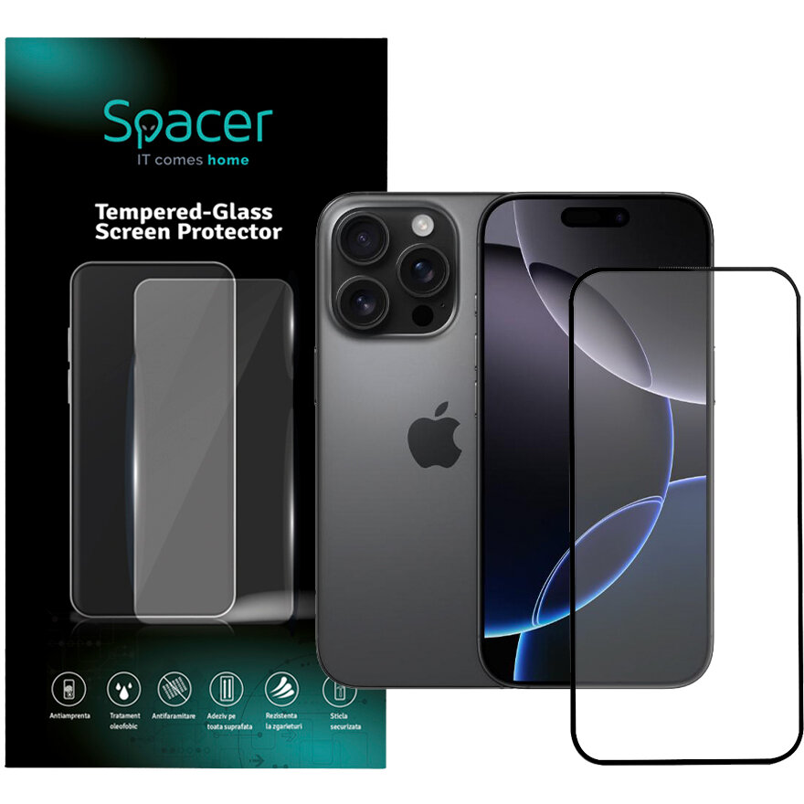 Folie Protecție Sticlă Spacer SPPG-AP-IP16P-TG pentru Iphone 16 Pro Grosime 0.3MM Acoperire Totală Ecran Strat Special Anti-ulei și Anti-amprenta Tempered Glass 9D Duritate 9H Transparent