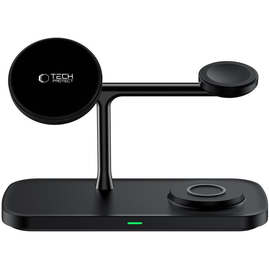 Statie de incarcare 3 in 1 TECH-PROTECT A45 Magnetic, Compatibila MagSafe, Wireless Charge, 15W, Cablu USB-C 1m inclus, Negru - imagine 2