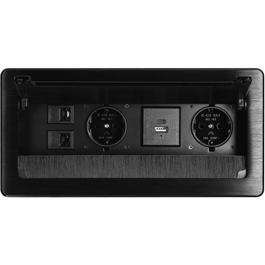 Priza Incastrabila Orno OR-GM-9041(GS)/B 2 Prize Schuko 230V 1xUSB-A 1x USB-C 2x RJ45 CAT 5E 3680W IP20 Cablu 1.5M Negru — imaginea 2