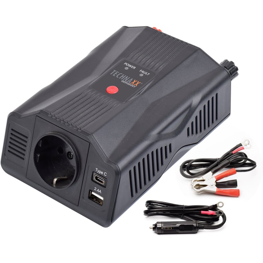 Invertor de Tensiune Technaxx TE24 300W Alimentare 12V Ieșire 230V USB-A USB-C Negru