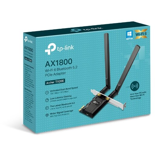 Adaptor Wireless Archer TX20E Wi-Fi 6 AX1800 si Bluetooth 5.2 2.4GHz/5GHz Port PCI-E 1800Mbps 2 Antene Externe Negru