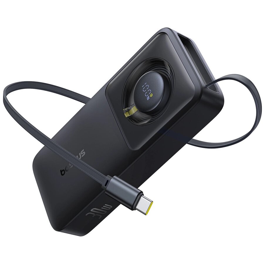 Acumulator extern Free2Pull, 10000 mAh, 30W, Cablu USB-C 70cm integrat, Negru