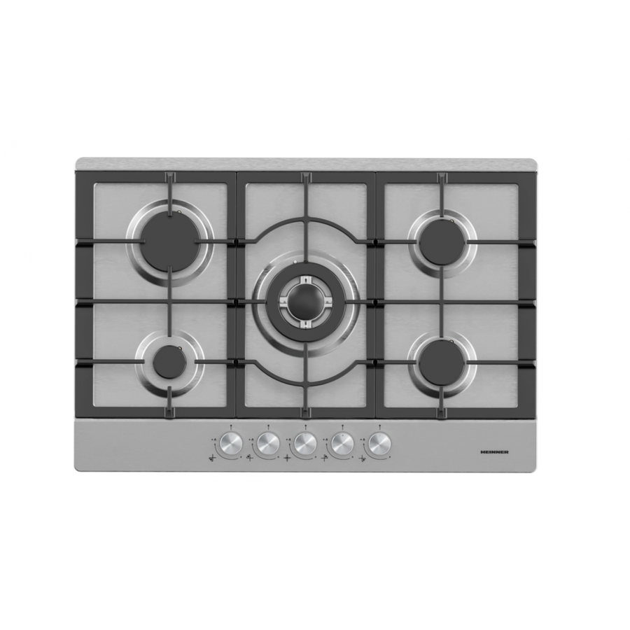 Plita Gaz HBH-M705IWFIX Incorporabila 5 Arzatoare Gratar Fonta Wok Aprindere Electrica Inox Argintiu