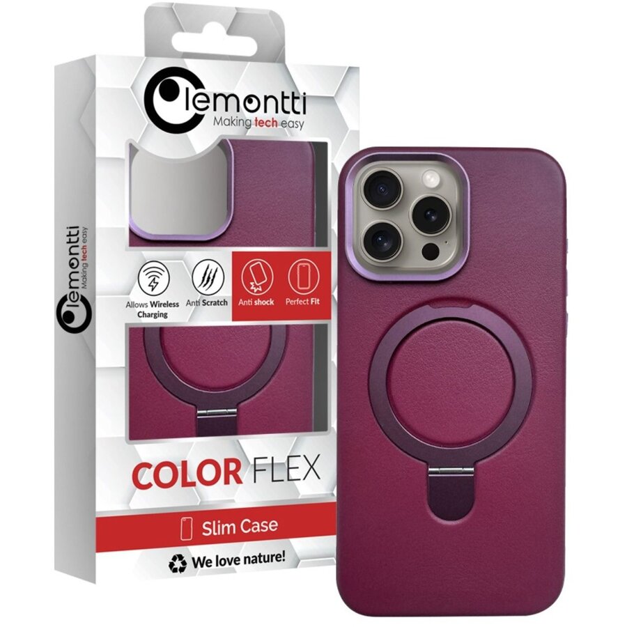 Husa Lemontti Piele MagSafe cu inel stand pentru iPhone 15 Pro Vișiniu