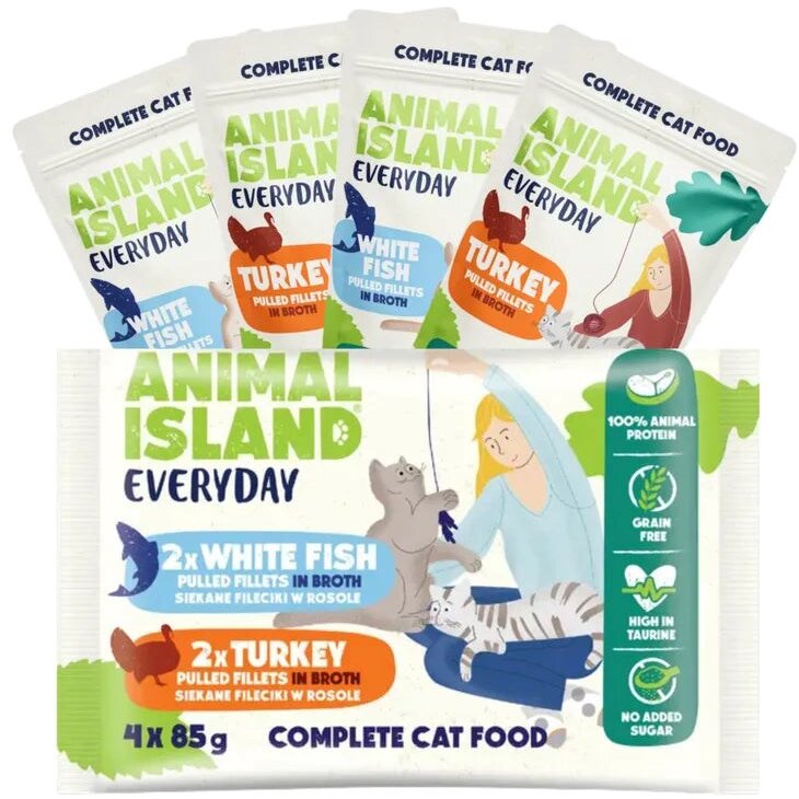 Hrana Pentru Pisici ANIMAL ISLAND everyday Turkey and White Fish Fillets in Broth 4 X 85g
