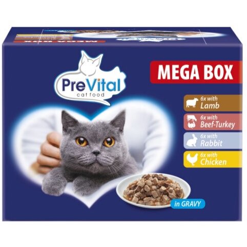 Hrana Pentru Pisici PREVITAL Cat Food Megabox with Lamb Beef Rabbit and Chicken in Gravy 24 X 100g